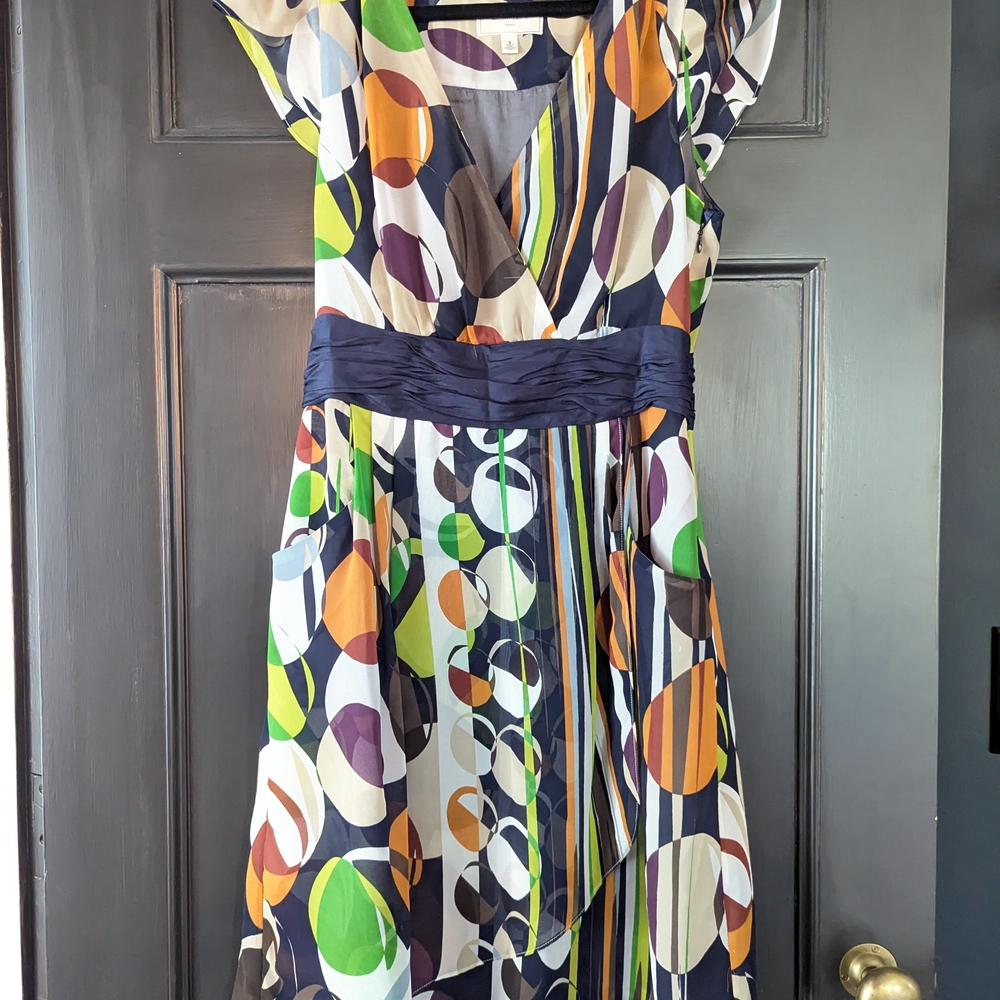 Anthropologie Orange and Green Pleated Asymmetrical Sundress